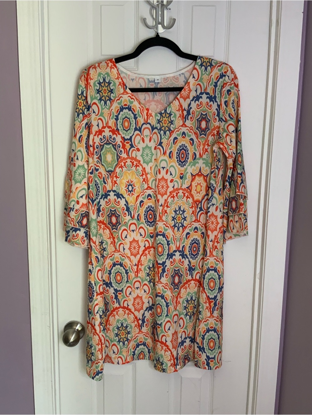Multicolor Printed V-Neck Mini Dress with 3/4 Sleeves